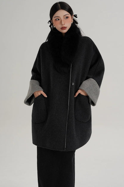 Elegant Fox Fur Collar Wool Cape Coat