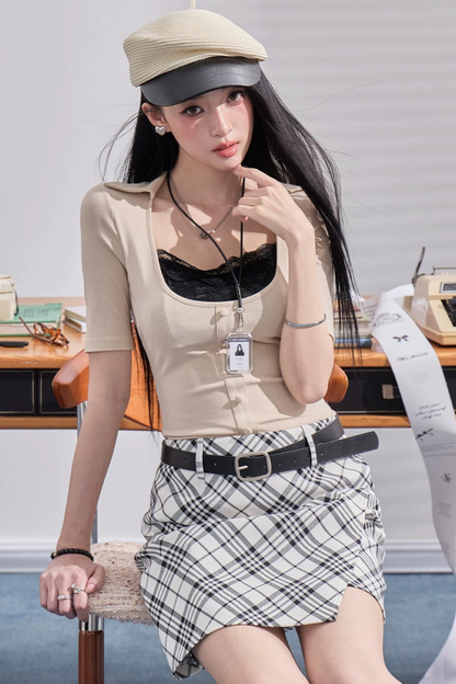 Fake Two-Piece U-Neck Short Top Set-Up