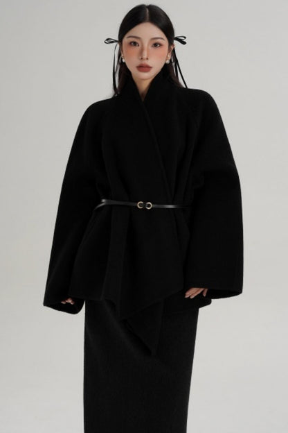 Elegant Lace-Up Woolen Coat