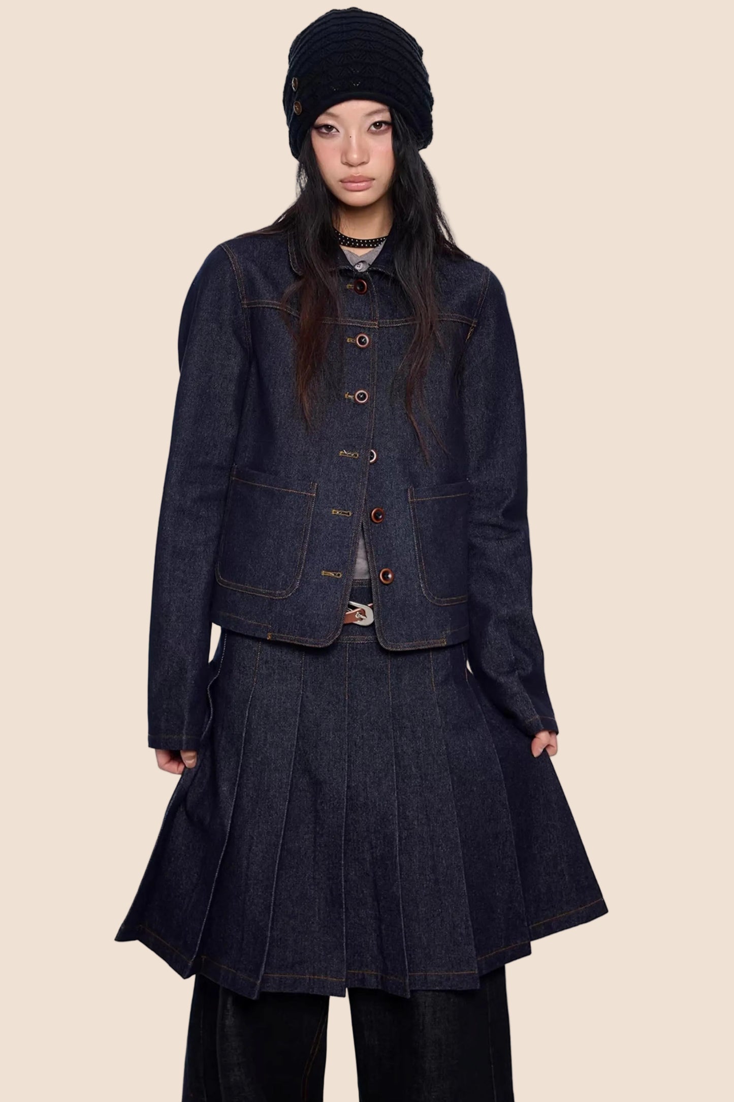 Retro Denim Faltenrock Anzug Set