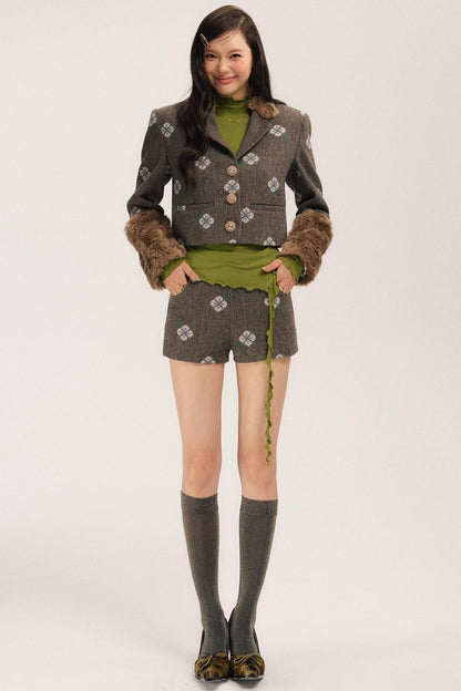Retro Embroidery Tweed Fur Shorts Set-Up