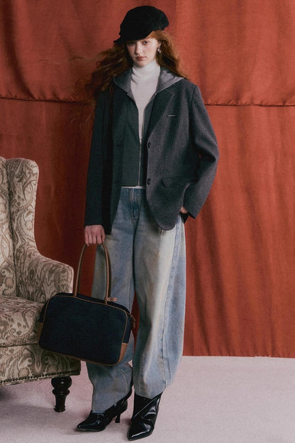 Gray Wool Hooded Blazer Jacket