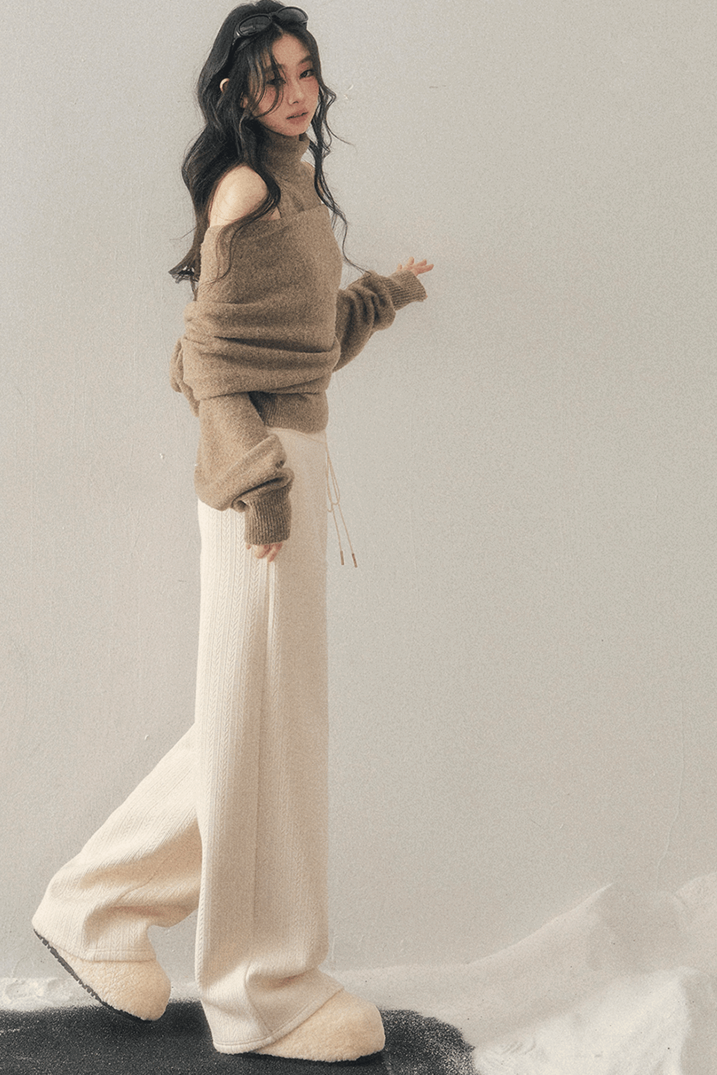 High-Neck Off-Shoulder Knit Sweater Set