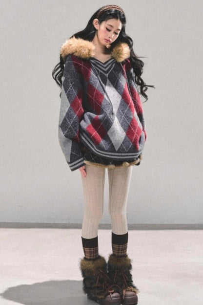 American College Style Fur Collar Sweater