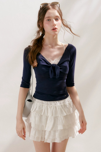 French Wave Lace Bow Blouse