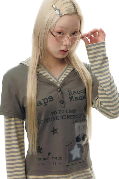 Hooded Spliced Long-Sleeve Top