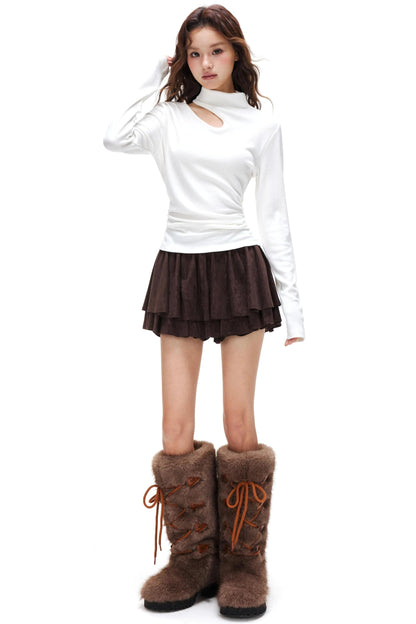 Thin Velvet Pleated Turtleneck Top