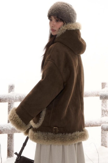 Reversible Hooded Suede Coat