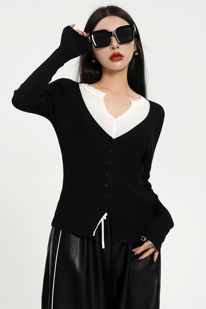 V-Neck Contrast Knit Cardigan