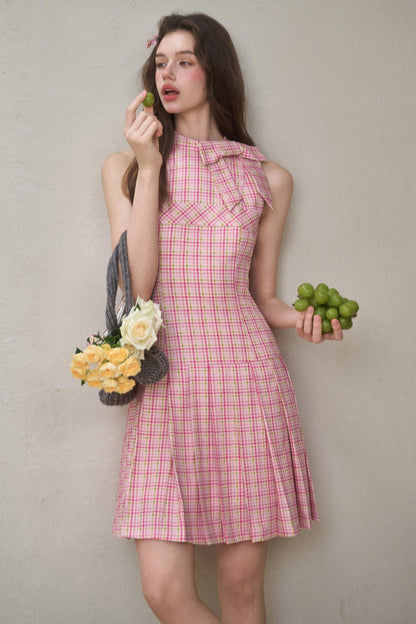 Bow Halterneck Plaid Dress