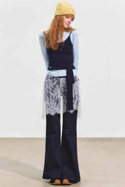 Fake Two Contrasting Tie-Up Sweater