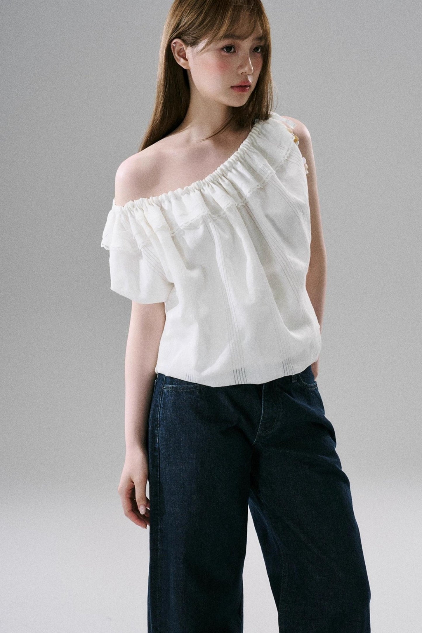 Beaded One-Shoulder Linen Top