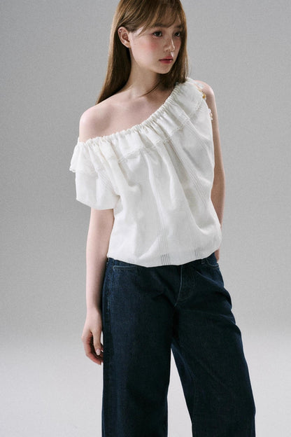 Beaded One-Shoulder Linen Top