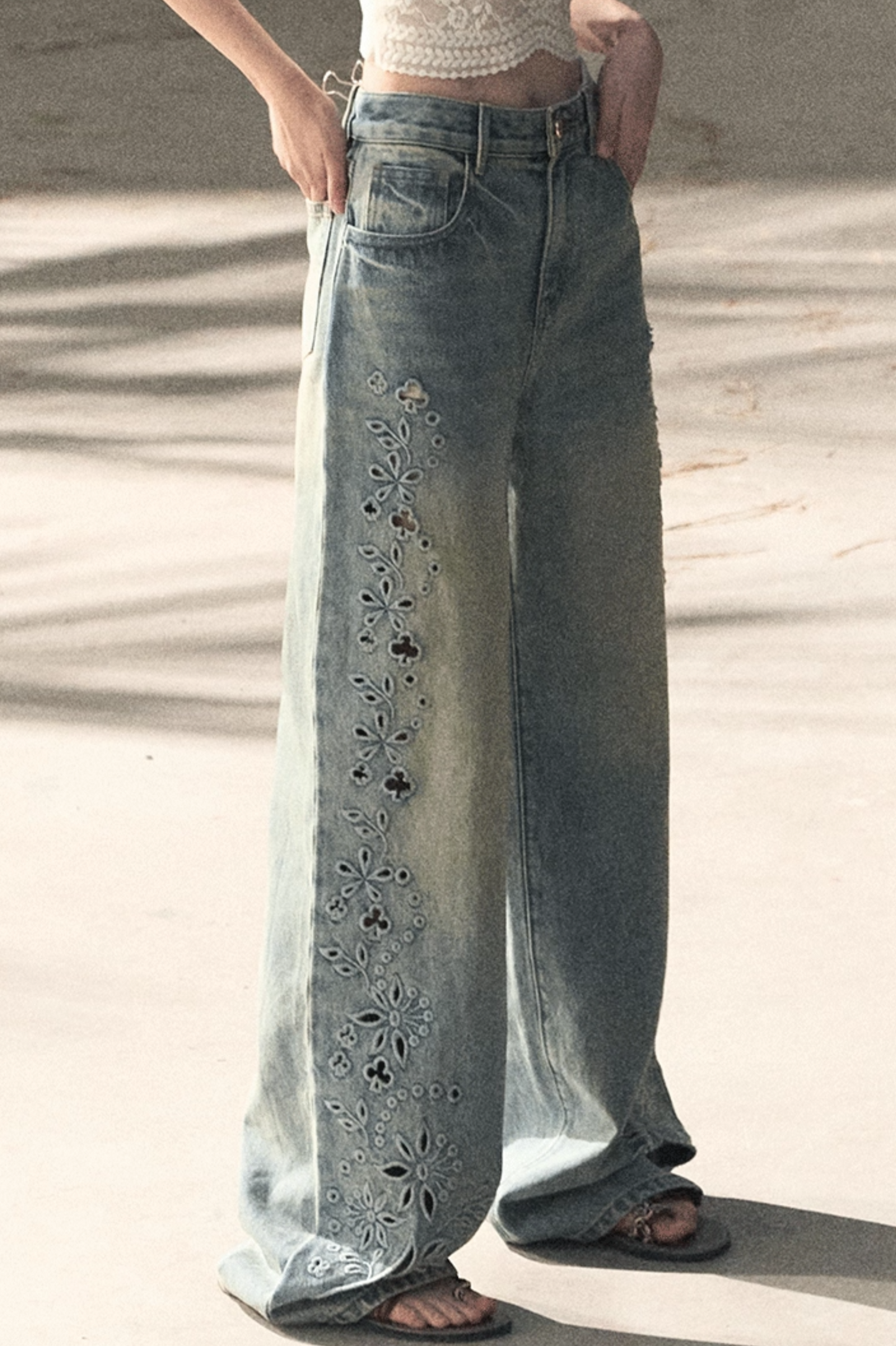 Laser Embroidery Distressed Jeans