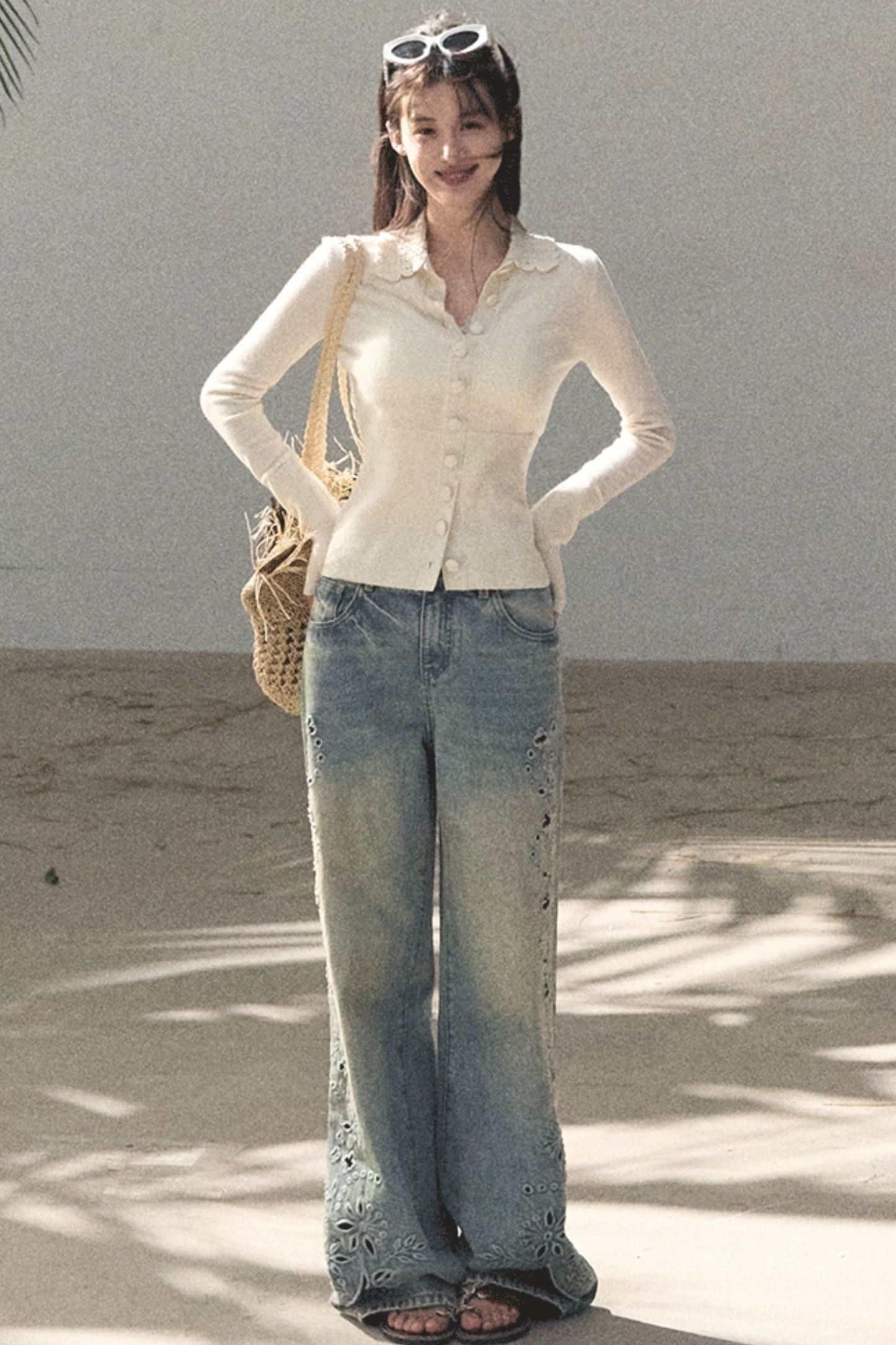 Natural Wool Crochet Collar Top