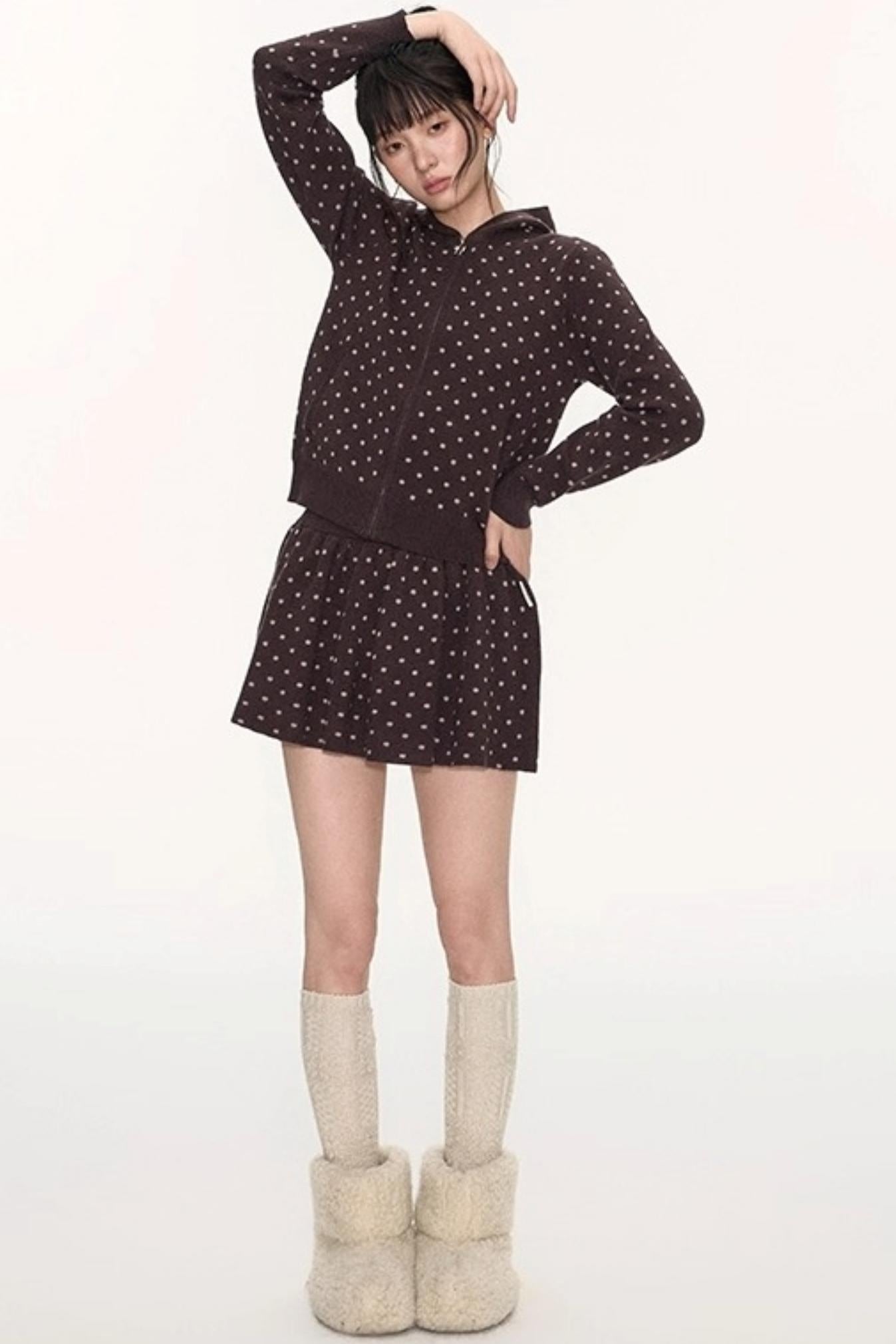 Polka Dot Hooded Knit Sweater Skirt Set-Up