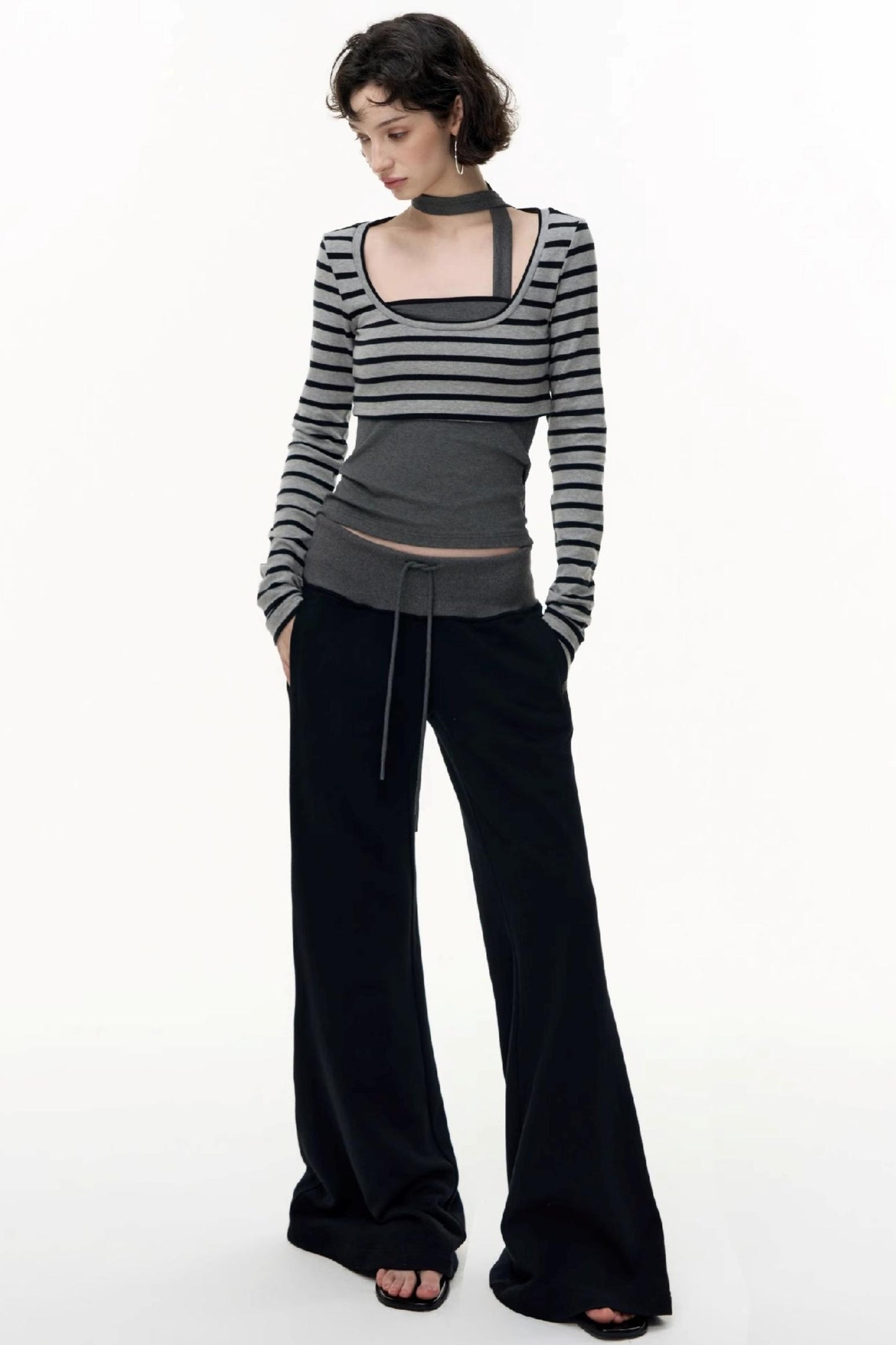 Drawstring Cotton Flared Sweatshirt Slacks