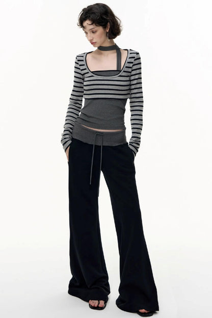 Drawstring Cotton Flared Sweatshirt Slacks