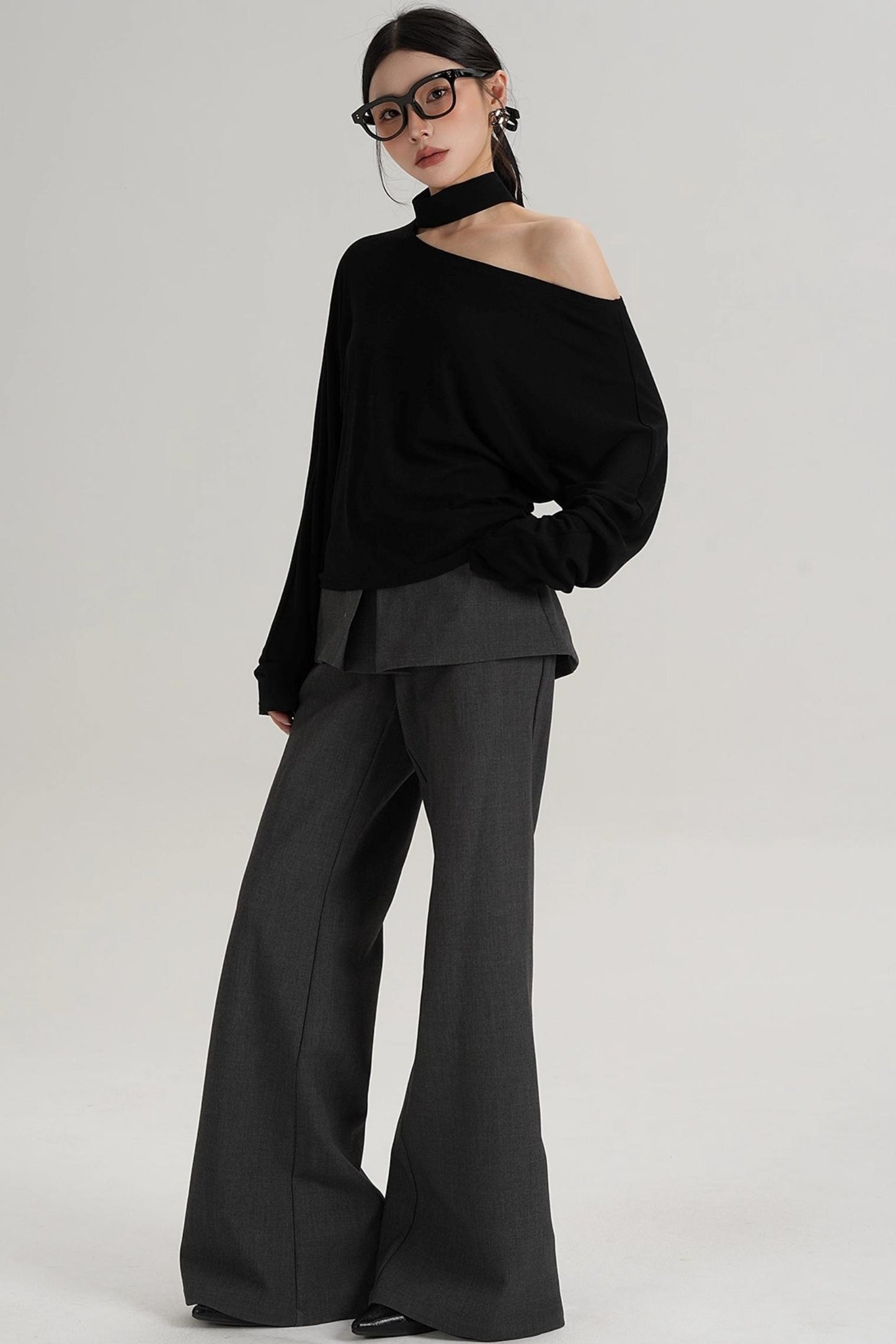 Halterneck Slanted Shoulder Long Sleeve Top