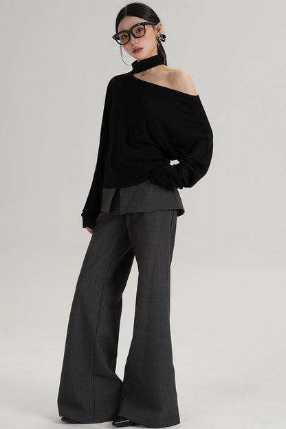 Halterneck Slanted Shoulder Long Sleeve Top