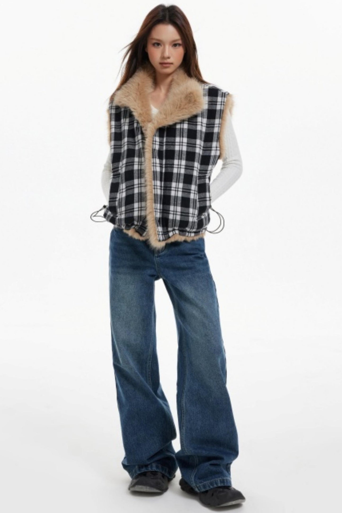 Plaid Lined Fur Vest Reversible Jacket