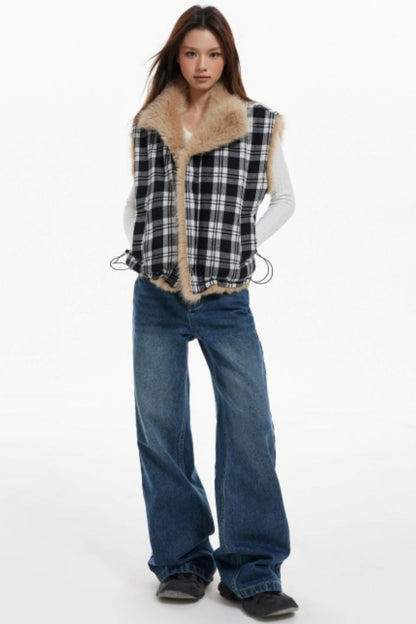 Plaid Lined Fur Vest Reversible Jacket