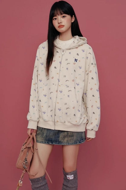 Floral Hooded Sweatshirt Cardigan Set-Up