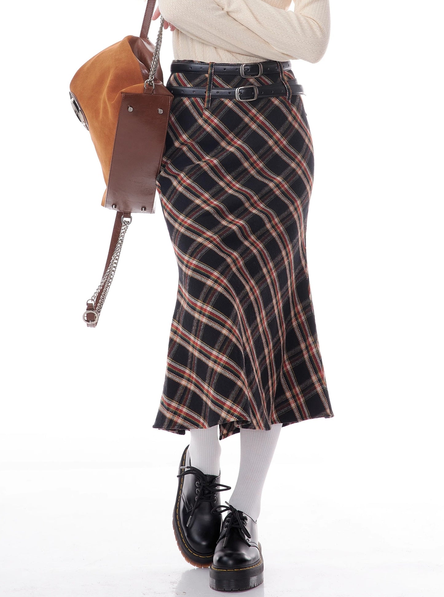 American retro high waist plaid skirt