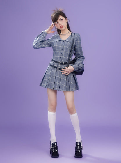 Collar Long-sleeve Plaid Dress