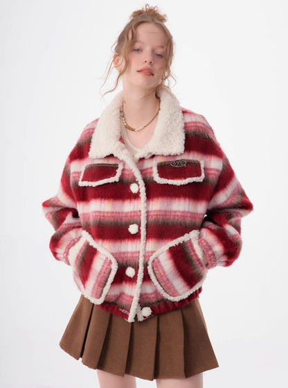 American lamb wool collar striped woolen coat