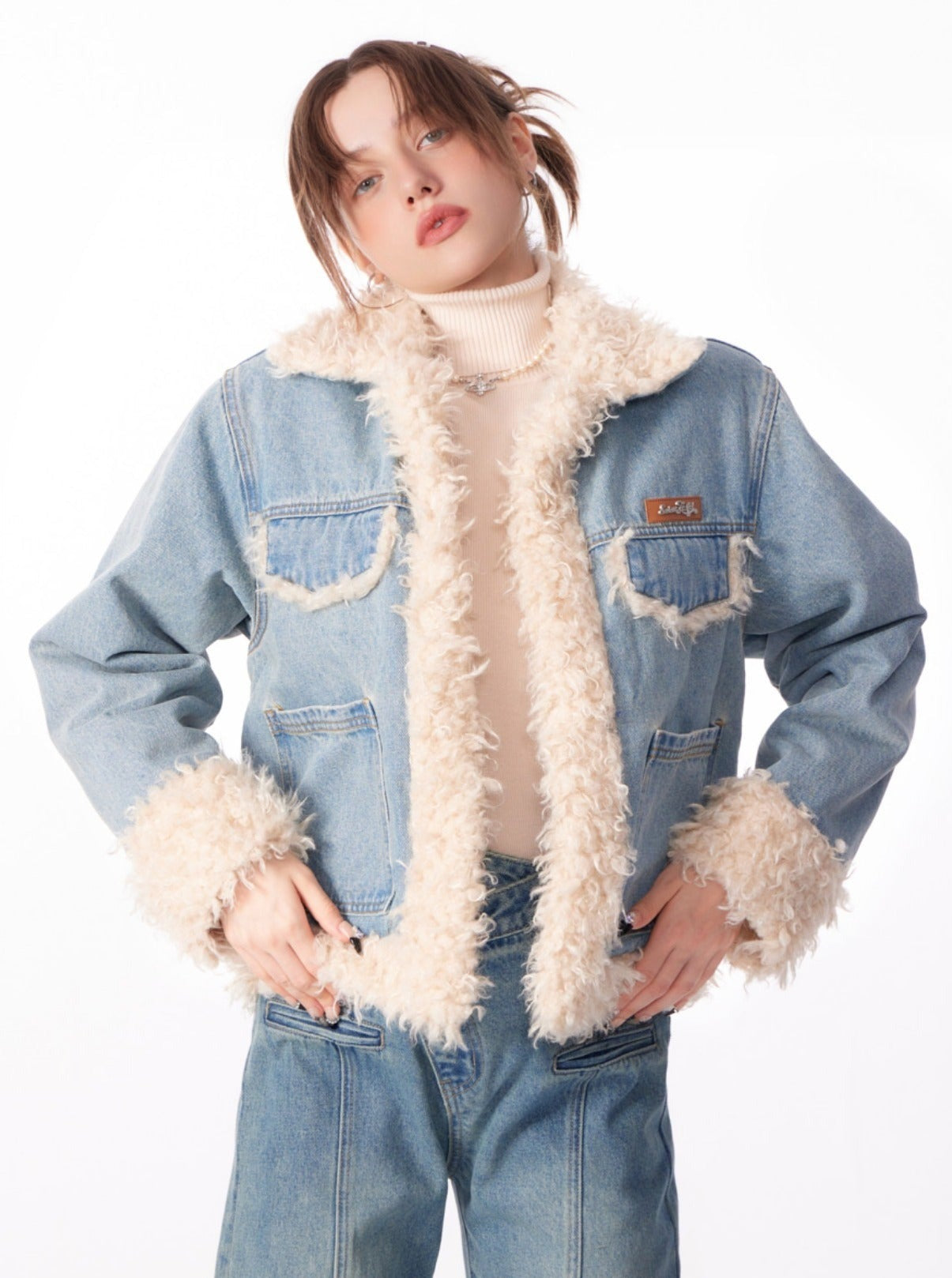 American thickened cotton denim lamb wool coat