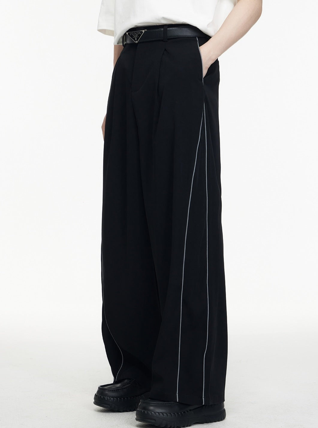 Strip Three-Dimensional Split Wide-Leg Pants