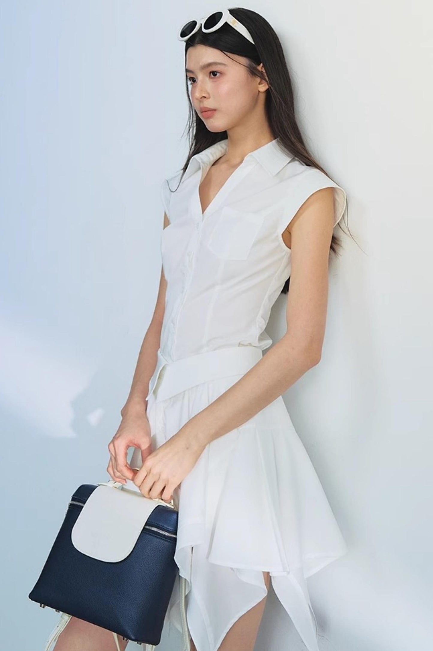 White Dash Sleeve Waist-Trim Shirt Set-Up