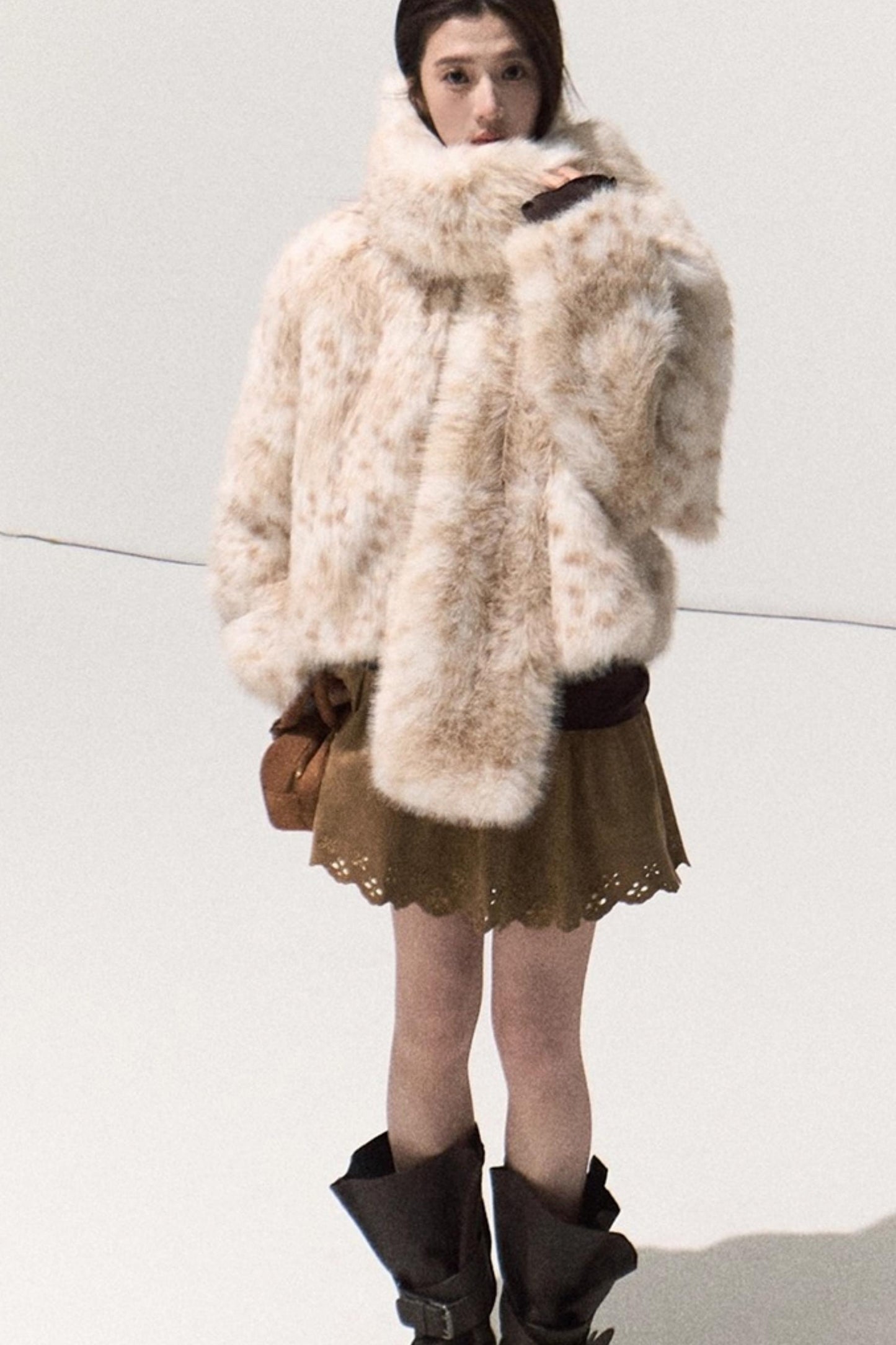 Girlish Leopard Print Fur Coat Set-Up