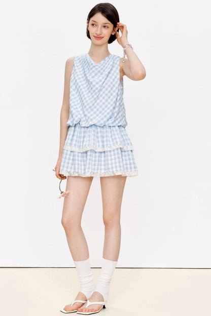 Blue Plaid Lace A-Line Dress