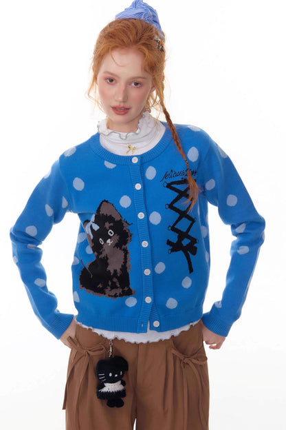 Blue Cat Polka Dot Knitted Cardigan