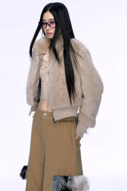 우아한 페이크 퍼 패치워크 코트