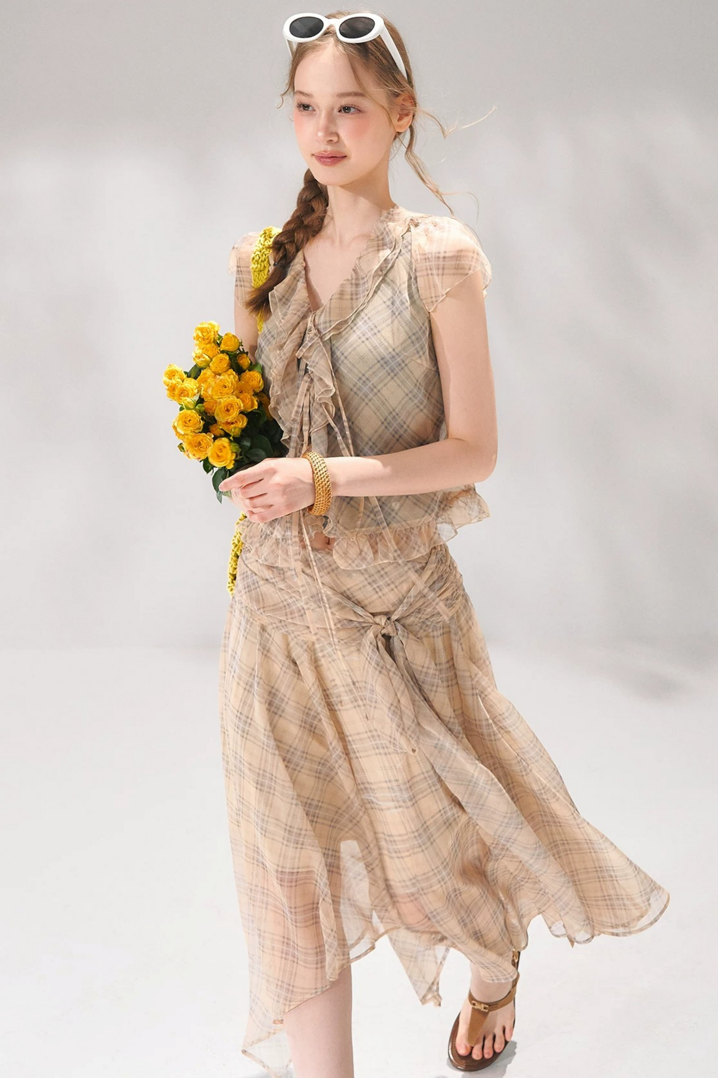 Completo a Due Pezzi Retro a Quadri in Chiffon