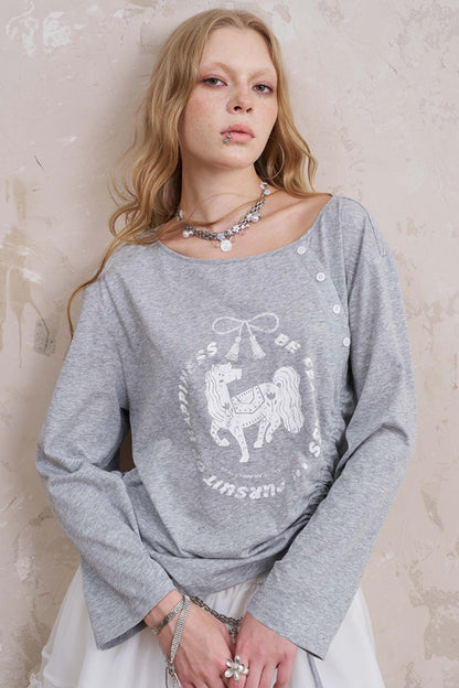 Slanted Monochrome Flower Ruffle T-Shirt