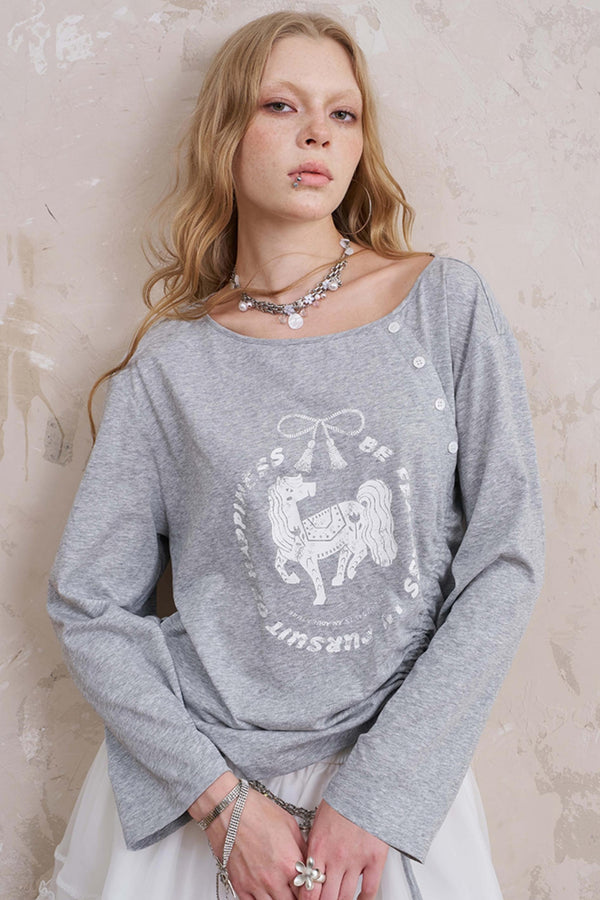 Slanted Monochrome Flower Ruffle T-Shirt