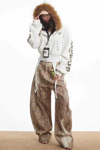 Retro Leopard Print Denim Pants