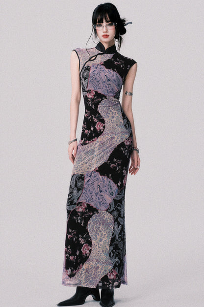 Smokey Purple Color-Block Cheongsam Dress