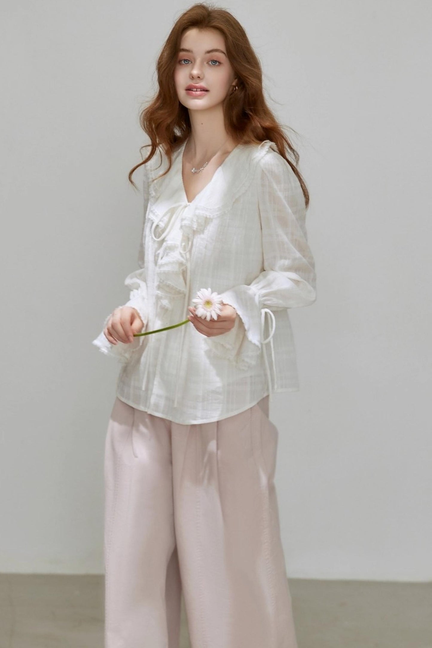 White V-Neck Ruffled French Top Shirt