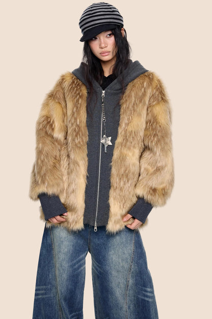 Fur Patchwork Hooded Cardigan