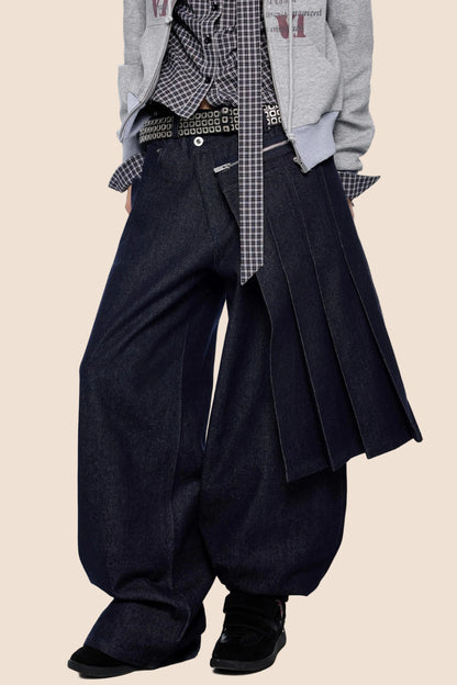Detachable Pleated Denim Skirt Pants