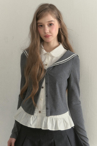 College Navy Collar Top & Skirt Set-Up