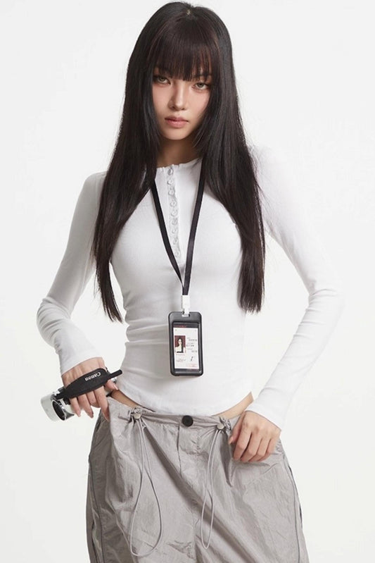 Button Knit Crew Neck T-Shirt