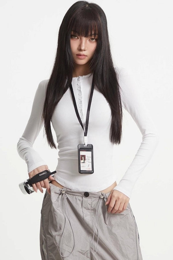 Button Knit Crew Neck T-Shirt