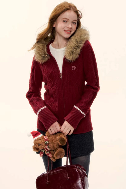 Red Hooded Knit Jacket Set-Up