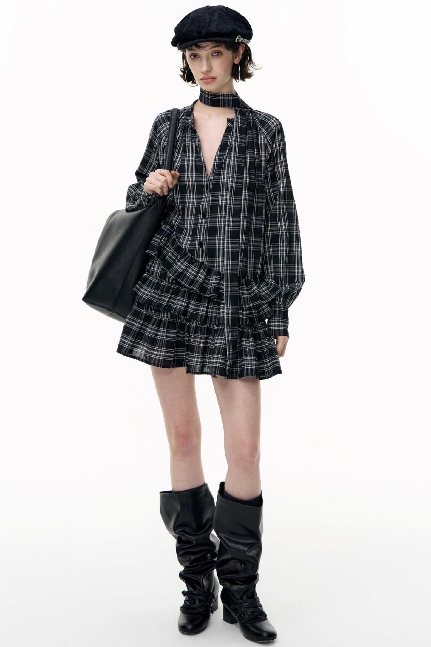 Plaid Ruffle Long Sleeve Shirt Dress